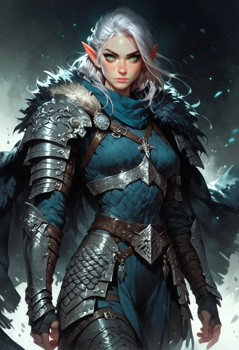 score_9, score_8_up, score_7_up, woman, simple background, dark background, green eyes, gorgeous, elf, fur outfit, black viking outfit, pale skin, solo, dark blue heavy armour, dark blue medieval armour, dark blue chainmail, mythril armour, elven ornaments, fur cloak, standing up straight, calm face, runic tattoos, silver hair, closed mouth, cowboy shot