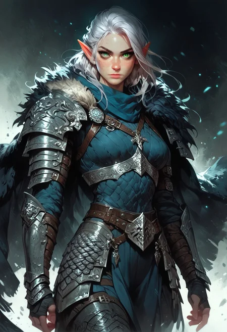 score_9, score_8_up, score_7_up, woman, simple background, dark background, green eyes, gorgeous, elf, fur outfit, black viking outfit, pale skin, solo, dark blue heavy armour, dark blue medieval armour, dark blue chainmail, mythril armour, elven ornaments, fur cloak, standing up straight, calm face, runic tattoos, silver hair, closed mouth, cowboy shot