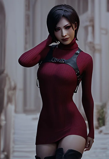 score_9, score_8_up, score_7_up, ada wong, awong_re4rm, sweater outfit, thigh high boots, 1girl, posing, petite, perfect face, closeup, looking at viewer, depth of field, face focus,