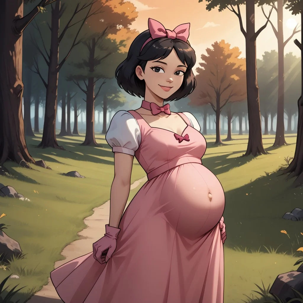 score_9, score_8, BREAK, solo, total drama, 1girl, black hair, pink hair bow, black eyes, lips, pink neck band, pink short dress, light pink gloves, pink footwear, Ella_(Total_Drama), tdpi, cute, pregnant, big belly, sexy pose, self portrait, smile, outdoors, sunlight, shadows, evening lighting, natural lighting, forest, trees, grass, orange sky, sunset
