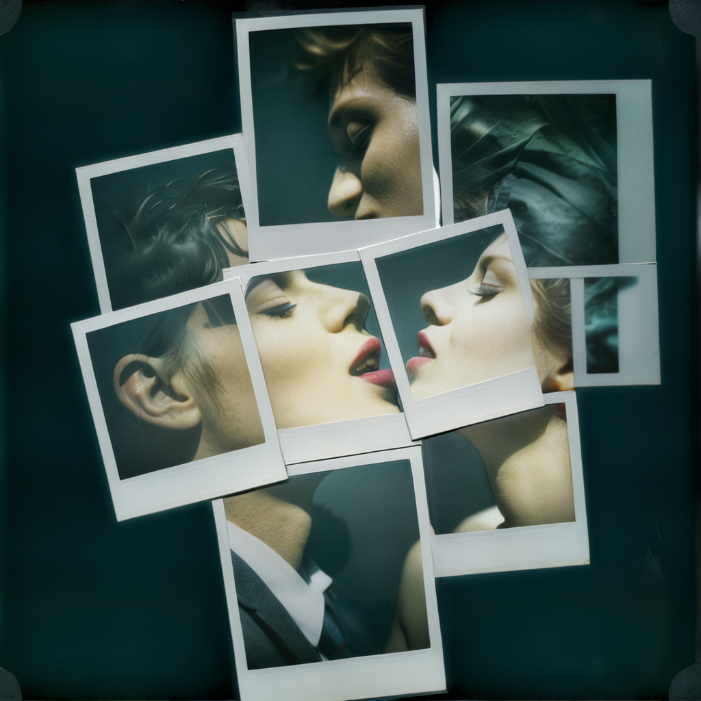 poluzzle closeup of lovers kiss, polaroid photos, cinematic, dark atmosphere <lora:poluzlle:1>
