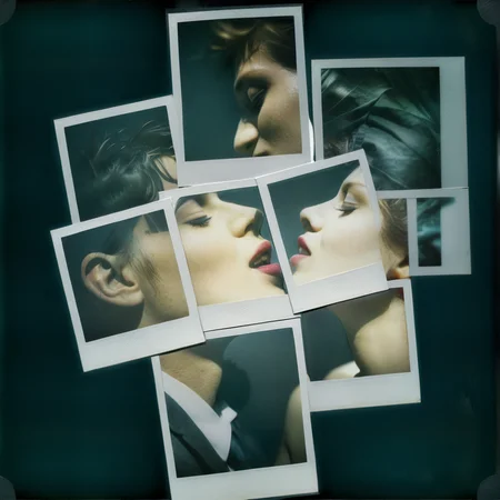 poluzzle closeup of lovers kiss, polaroid photos, cinematic, dark atmosphere <lora:poluzlle:1>
