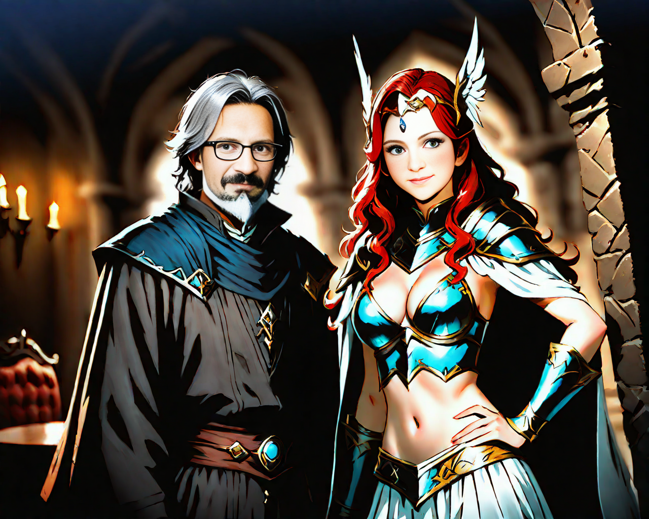 Realistic Narrative painting art style, couple photo, 2subjects,  fictional world style, fantasy role playing horror genre, my perspective, intimate portrait, action oriented scene, extreme angle perspective, Dutch angle, view askew, epic scale, wide angle lens, depth of field, realistic textures, high resolution, high contrast, highly detailed, 3rd party side perspective, couple photo, duo focus, 2 individual characters, dark, ambiguous black on black color theme, in the style of the Descent, in the style of Image comics Spawn, Action Horror genre movie poster art,  A lavishly appointed formal dining room with a long mahogany table and silk-covered chairs The walls are adorned with oil paintings and the floor is inlaid with marble, creating an atmosphere of refined elegance, indirect lighting, shadows, 2people, 1boy(Prog420ress) & 1girl(Arbiter),  , BREAK,
2people, 1boy(Prog420ress), a digital painting of Prog420ress & Arbiter, a handsome middle aged man wearing thin framed rectangular lens reading glasses holding a cigarette, a 45 year old human man, average build, a little chubby, brown and gray disheveled hair, thin framed reading glasses, gray moustache and full beard, broad shoulders, hairy chest and forearms, nomadic, wanderer, casual clothing, single, solo focus, masculine, brown eyes, wide nose, big head, big feet, intelligent, witty, clumsy, charismatic, an archmage standing tall within her library, her long elegant robes flowing around her like a waterfall of silk, With every step she seems almost to float, her presence both regal and imposing, Her face is lined with wisdom and knowledge gained from countless tomes and scrolls, and her eyes hold a knowing gleam that speaks to the countless spells she has mastered, expressing dread, Delighted, Prog420ress embracing his girlfriend Arbiter, Prog420ress, 1boy(Prog420ress), <lora:Prog420_Avatar_Illustrious:0.8> BREAK,
2people, 1girl(Arbiter), a beautiful half-elf woman embracing a human male, paladin, white leather bikini armor, gold Valkyrie winged diadem warrior's helmet, pretty face blue eyes log dark red wavy hair, loose hairstyle, bare stomach, navel, sheer white dress cape, gold vambrace and gauntlet, holding her blue greatsword, embracing her boyfriend Prog420ress, sexy, couple portrait, posing for the viewer, Arbiter, 1girl(Arbiter), 2people  <lora:Arbiter_XL_v2:0.8><lora:Castles-000001:1>