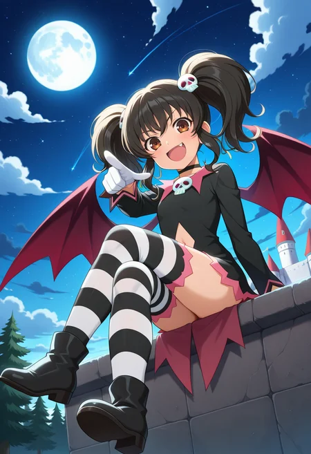 castle, night, clouds, towers, forest, mountains
BREAK,
evil smile, fang, sitting, legs crossed, pointing at viewer, looking at viewer,
full body, dynamic angle,
BREAK,
<lora:aniseover_illustriousXL_v01:0.9>
aniseDevil, black hair, brown eyes, twintails, sidelocks, skull hair ornament,
black choker, clothing cutout, gloves, alternate costume, long sleeves, black dress, low wings, demon wings, 
striped legwear, black footwear,, source_anime, very aesthetic, anime coloring, masterpiece, 
best quality, amazing quality, ultra detailed, very aesthetic, 
detailed background, 
BREAK,