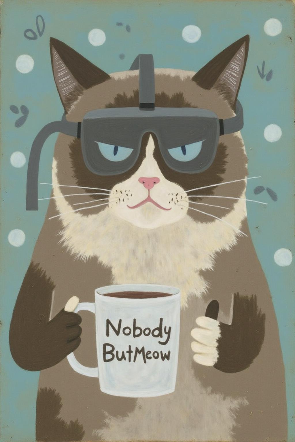 dorislee1 painting.
Grumpy Cat holding a coffee mug, wearing a VR Headset. The mug has the phrase "NobodyButMeow" printed <lora:dorislee1_cap_d6a3:1.0><lora:834813055599742522:0>