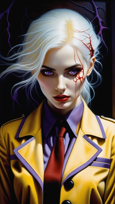 photorealistic, ultra realistic photo, girl with a pretty face, white hair, purple eyes, (((sexy school uniform))), wearing a stylish very sexy school uniform, with a funny expression on her face, Hellwalker, incombing death, hell, black bloody veins growing and intertwining out of the darkness, oozing thick yellow blood, veins growing and pumping blood, (female body:1.3), vascular networks growing, connecting, explanding, red veins everywhere, zdzislaw beksinski, (sharp colors:1.3), (rainbow skin:1.1), (Infrared:1.2), ultra detailed, intricate, oil on canvas, ((dry brush, ultra sharp)), (surrealism:1.4), (disturbing:1.5), beksinski style painting, satanic symbols, (full torso), full body in frame, centered body, (male:1.2), realistic, ((intricate details)), (pale gothic evil king), dynamic pose, perfect face, (realistic eyes), perfect eyes, ((dark gothic background)), sharp focus