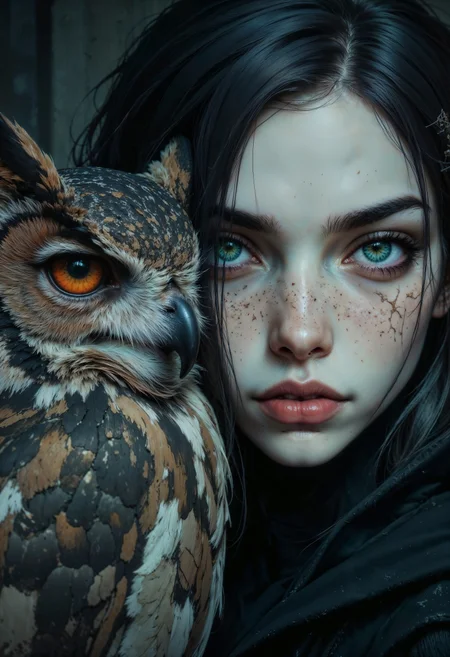a close-up, artistic portrait featuring a woman and an owl. The composition is tightly framed, focusing on the woman's face and the owl's head, both occupying equal space. The woman has pale skin, with striking, large eyes that are a light shade, possibly blue or gray. Her expression is intense and slightly melancholic, with subtle scratches or marks on her face adding a sense of mystery. Her dark hair blends into the background, enhancing the focus on her facial features. The owl, positioned to the left, has detailed feathers in shades of brown and gray, with large, expressive orange eyes that mirror the intensity of the woman's gaze. The overall color palette is muted, with cool tones dominating the scene, creating a harmonious and enigmatic atmosphere. The lighting is soft, highlighting the textures of the skin and feathers, while the background remains blurred, drawing attention to the subjects.