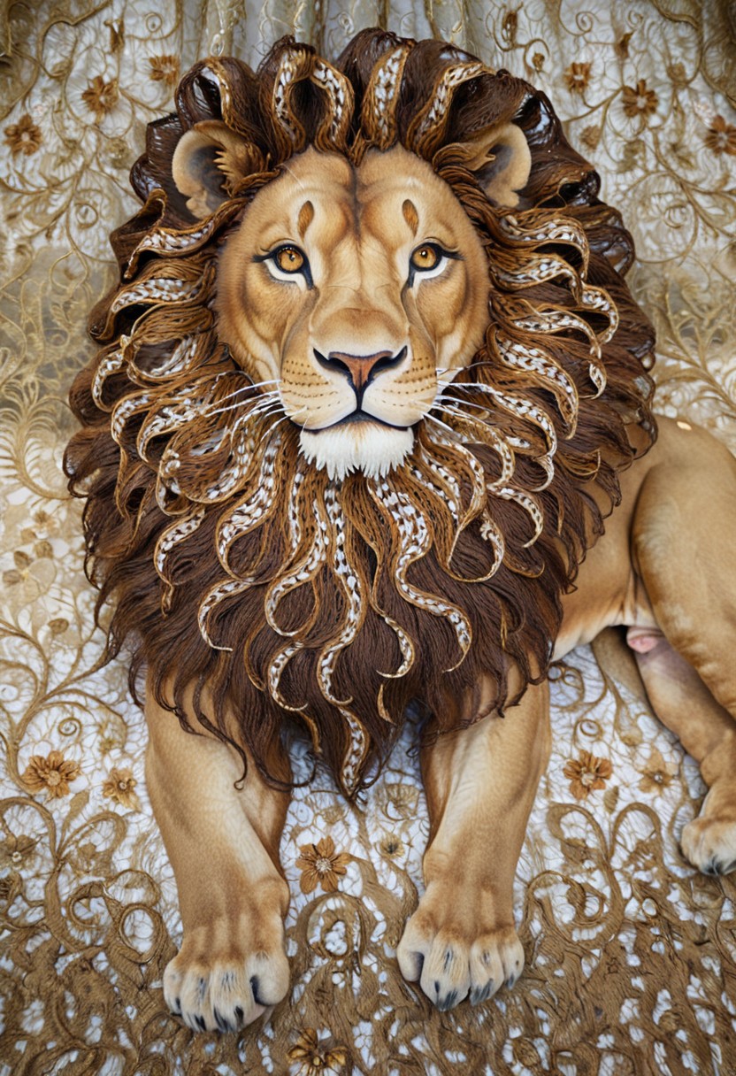 lazypos,high quality,masterpiece,ultra-high resolution,incredible composition,extremely detailed, 
madeoflace, majestic lion with a mane flowing like layered lace curtains, body textured with embroidered swirls and floral patterns, regal pose in a surreal savanna