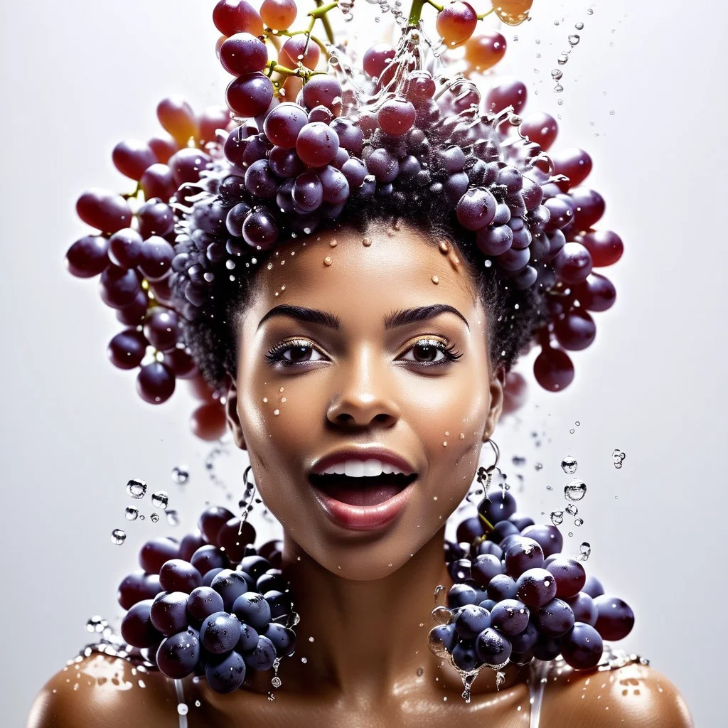 1 female, afro hair made of grapes, splash water, flashing particles, depth of field, clean background, made from grapes