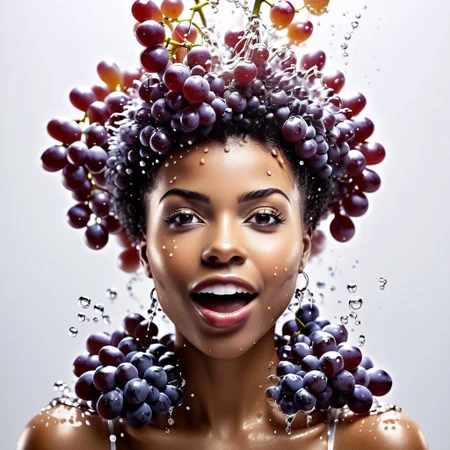 1 female, afro hair made of grapes, splash water, flashing particles, depth of field, clean background, made from grapes