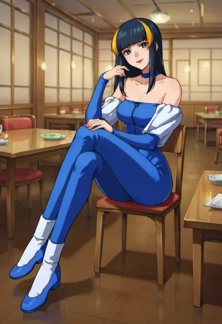 score_9,score_8_up,score_7_up,score_6_up,score_5_up,score_4_up,anime coloring,source_anime,<lora:Aisha_Gundam_SEED_Pony:0.8>,aisha,1girl,solo,green eyes,black hair,streaked hair,long hair,lipstick,blue bodysuit,bare shoulders,detached sleeves,blue shoes,smirk,sitting,indoors,room,table,chair,european architecture,