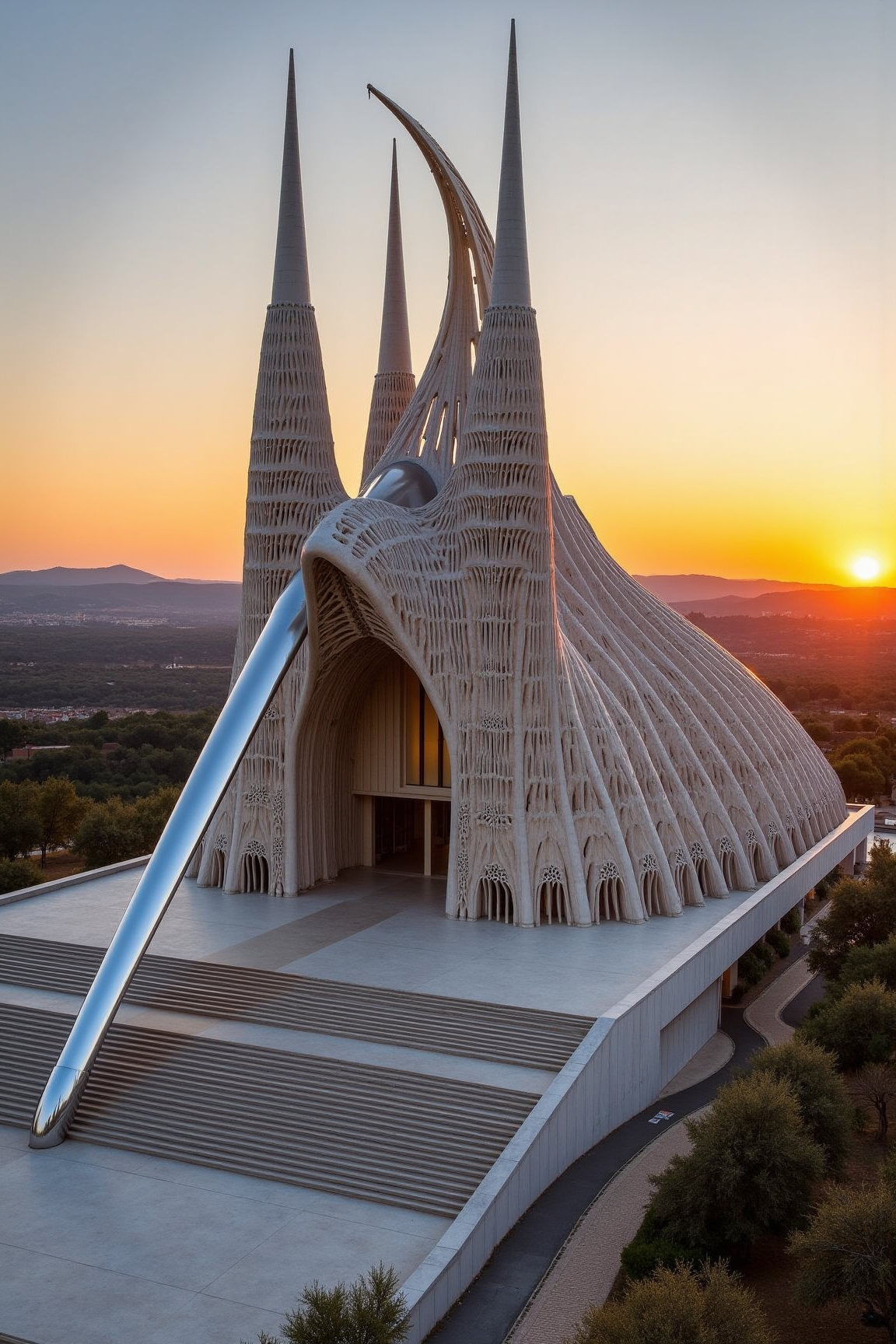 YFG-Sm0rg, A dramatic and modern Spanish cathedral stands atop a hill overlooking a serene Mediterranean landscape at sunset. The structure, inspired by Santiago Calatrava's unique blend of Gothic Revival and Deconstructivist styles, appears as if it has been sculpted from the very stone of the earth.
The building's facade is a mesh of interlocking arches, each one intricately detailed with delicate ornamentation that shimmers in the fading light. The arches seem to rise from the ground like a series of crystalline stalactites, their edges softened by a patina of age and wear. In the foreground, a trio of towering spires made from polished steel stretch towards the sky, their smooth surfaces reflecting the vibrant hues of the setting sun.
To the left, a sweeping plaza beckons visitors to enter the grandeur within. A series of broad stone steps lead up to the main entrance, which is flanked by two imposing columns adorned with geometric patterns reminiscent of Islamic art. Above, the roofscape unfurls like a map of abstract topography, with swooping curves and jutting fins that evoke the majestic sweep of wings.
In the background, the sun dips slowly towards the horizon, casting a warm golden light over the entire scene. The surrounding landscape is dotted with ancient olive groves, their gnarled branches etched against the sky like an impressionist's brushstrokes. A narrow ribbon of cobblestone road winds its way through the hills, leading the eye to the distant outline of a village perched on a nearby hillcrest.
The atmosphere is one of contemplative stillness, as if time itself has slowed in reverence for this magnificent creation.