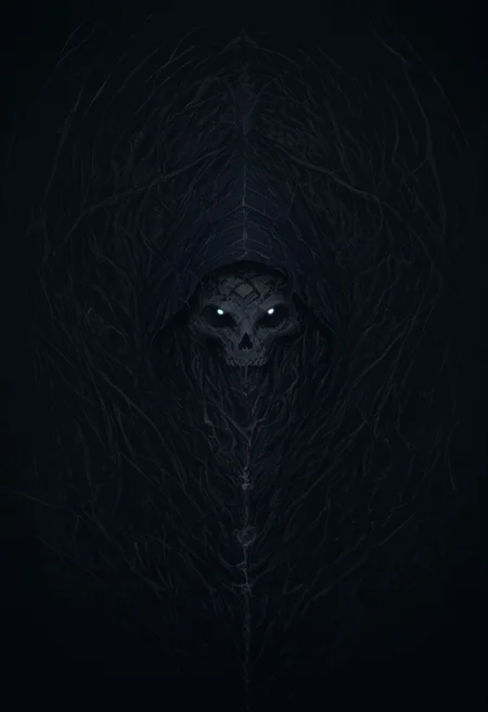 score_9, score_8, score_7, score_6_up, style "A dark, hooded figure siting in the midst of thick fog on a Throne. The creature's eyes glow with hellish fire, as if the darkness itself is pouring through them. Its face is covered in shadow, but from beneath the dark purple hood, a vicious yellow skull can be seen, twisted with malice. A clawed hand reaches forward, as if calling or cursing. Magical energy swirls around it, like smoke, poisoning the air with an ominous aura. This creature is an embodiment of horror, a creature of deep nightmares, guarding the secrets of an ancient curse."armor, full armor, knight, skull, mask, horns, pauldrons