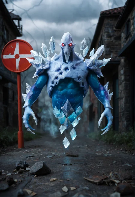 <lora:Ancient_Apparition_V1:1>ancient_apparition_v1, 1boy
no humans, pokemon (creature), monster,
ice, crystal, glowing, floating,
glowing eyes, red eyes, blank eyes, white eyes,
spikes, claws,
colored skin,, score_9, score_8_up, score_7_up, score_6_up, derpibooru_p_95,
detailed eyes, beautiful, detailed background, perfect eyes,
blur censor, blurry, blurry background, blurry foreground, bokeh, motion blur,
chromatic aberration, depth of field, figure, focused, focus
photography, realistic sun light and shadows, photorealism, UHD --ar 9:16 --style raw --stylize 700,
solo,
(thunder,composed of elements of thunder,thunder sky,lightning), fog, smoke,, woman leaning against a rusty bus stop sign in an abandoned Russian suburb, It shows a standing in front of a large ornate mirror looking at self in the mirror.