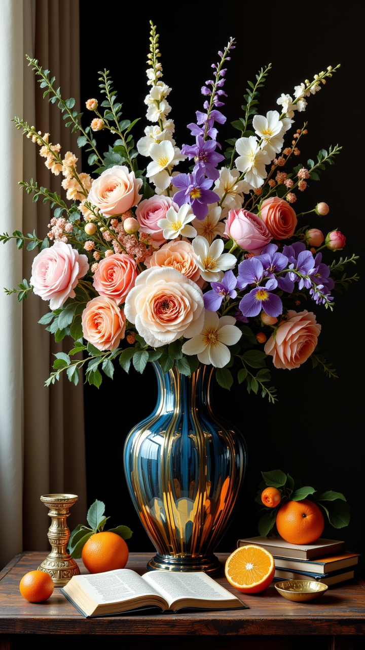 in the style of jedffd, Picture an exquisite still life centered around a grand, oversized flower vaseâan opulent vessel of hand-blown glass, subtly iridescent, with swirling hues of deep sapphire, amber, and rose-gold. The vase stands tall on a weathered wooden table, its surface catching soft, diffused light from a nearby window draped in sheer, ivory curtains. Overflowing from the vase is an extravagant arrangement of flowers in full, glorious bloom: velvety peonies in blush and coral, delicate orchids with speckled petals, dramatic midnight-blue irises, and cascades of pale lilac and creamy gardenias. Each flower seems frozen in a moment of perfect grace, their petals gently curling and catching the light like silk. Fallen petals and curling leaves rest gently on the tableâs surface, next to scattered antique objectsâan open book with yellowed pages, a half-peeled orange glistening with juice, and a small, intricately carved hourglassâadding narrative depth to the scene. The background is dark and moody, like an old oil painting, allowing the vivid textures and colors to sing with quiet, timeless drama, <lora:Dreamfract-000007:1>