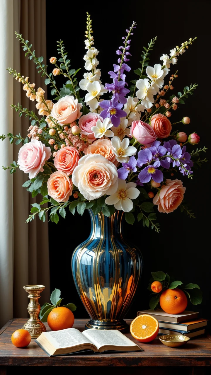 in the style of jedffd, Picture an exquisite still life centered around a grand, oversized flower vaseâan opulent vessel of hand-blown glass, subtly iridescent, with swirling hues of deep sapphire, amber, and rose-gold. The vase stands tall on a weathered wooden table, its surface catching soft, diffused light from a nearby window draped in sheer, ivory curtains. Overflowing from the vase is an extravagant arrangement of flowers in full, glorious bloom: velvety peonies in blush and coral, delicate orchids with speckled petals, dramatic midnight-blue irises, and cascades of pale lilac and creamy gardenias. Each flower seems frozen in a moment of perfect grace, their petals gently curling and catching the light like silk. Fallen petals and curling leaves rest gently on the tableâs surface, next to scattered antique objectsâan open book with yellowed pages, a half-peeled orange glistening with juice, and a small, intricately carved hourglassâadding narrative depth to the scene. The background is dark and moody, like an old oil painting, allowing the vivid textures and colors to sing with quiet, timeless drama, <lora:Dreamfract-000007:1>