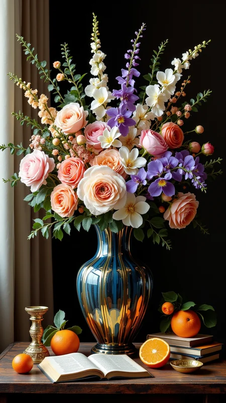 in the style of jedffd, Picture an exquisite still life centered around a grand, oversized flower vaseâan opulent vessel of hand-blown glass, subtly iridescent, with swirling hues of deep sapphire, amber, and rose-gold. The vase stands tall on a weathered wooden table, its surface catching soft, diffused light from a nearby window draped in sheer, ivory curtains. Overflowing from the vase is an extravagant arrangement of flowers in full, glorious bloom: velvety peonies in blush and coral, delicate orchids with speckled petals, dramatic midnight-blue irises, and cascades of pale lilac and creamy gardenias. Each flower seems frozen in a moment of perfect grace, their petals gently curling and catching the light like silk. Fallen petals and curling leaves rest gently on the tableâs surface, next to scattered antique objectsâan open book with yellowed pages, a half-peeled orange glistening with juice, and a small, intricately carved hourglassâadding narrative depth to the scene. The background is dark and moody, like an old oil painting, allowing the vivid textures and colors to sing with quiet, timeless drama, <lora:Dreamfract-000007:1>