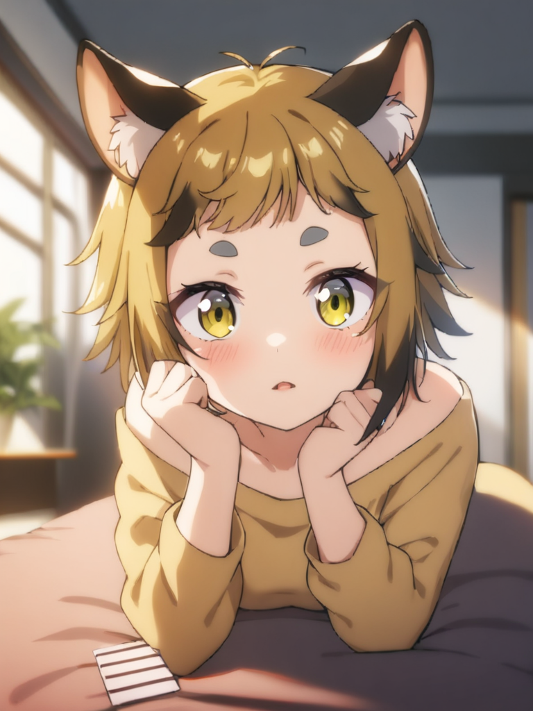 1girl, millie, (masterpiece, best quality, very aesthetic:1.2),  source_anime, looking at viewer,  on stomach,   <lora:millie_the-new-gate:0.5>