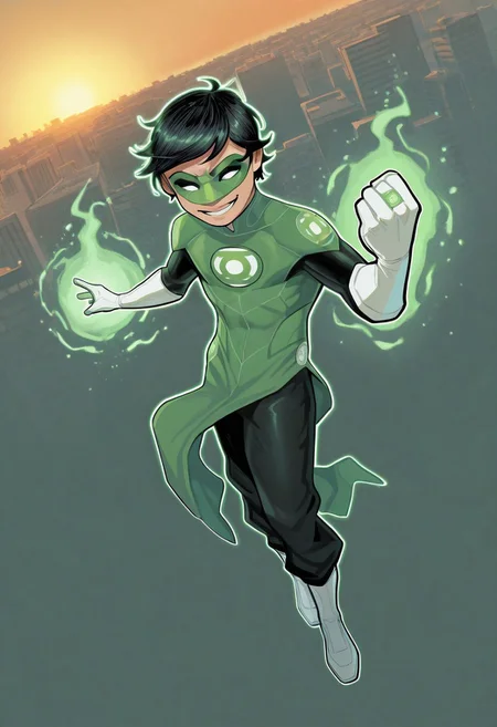 masterpiece, absurdres, high quality, perfect anatomy, 1boy, solo, cute boy, male focus, TaiPham, Black Hair, Green Lantern Ring, Green Lantern Costume, Green and Black Bodysuit, Green Domino Mask, White Eyes, White Gloves, Pelvic Curtain, Black Pants, White Shoes, Glowing Green Outline, Green Energy Aura, floating, levitating, big smile, cinematic, intricately detailed illustration, depth of field, masterpiece, best quality, amazing quality, very aesthetic, absurdres, newest, very awa,  shadow, dynamic angle, casual cosplay, dynamic pose, simple background, green theme, flying, city, sunset,