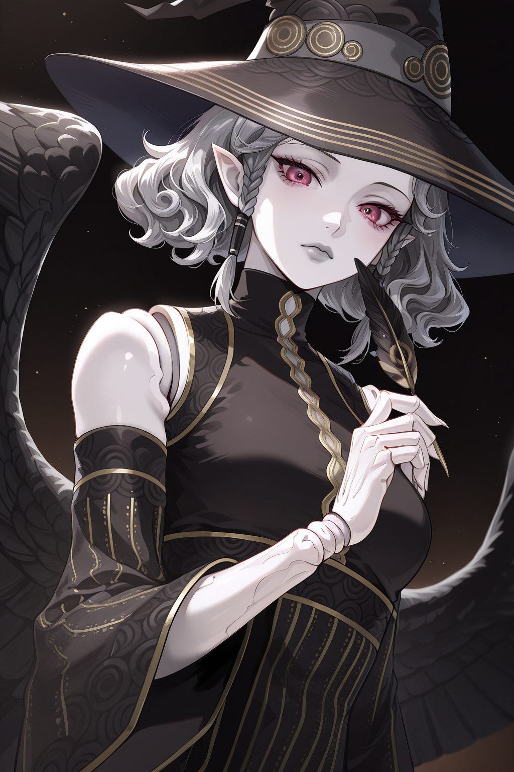 1girl, AgratBatMahlatShinMegamiTensei, 
general, solo, pov dating, dutch angle, upper body, close-up,
short hair, side braids,
beautiful eyes, grey lips, pale skin, pointy ears, joints, doll joints, claws,
witch hat,
black dress, detached sleeves, wide sleeves,
feathered wings,
looking at viewer, holding feather,
dark theme, simple background, light particles,
<lora:kp_AgratBatMahlatShinMegamiTenseiIllustrious_v1_0:1.0>,
masterpiece, best quality, amazing quality