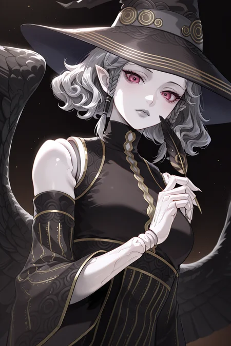 1girl, AgratBatMahlatShinMegamiTensei,
general, solo, pov dating, dutch angle, upper body, close-up,
short hair, side braids,
beautiful eyes, grey lips, pale skin, pointy ears, joints, doll joints, claws,
witch hat,
black dress, detached sleeves, wide sleeves,
feathered wings,
looking at viewer, holding feather,
dark theme, simple background, light particles,
<lora:kp_AgratBatMahlatShinMegamiTenseiIllustrious_v1_0:1.0>,
masterpiece, best quality, amazing quality