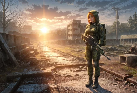 masterpiece, best quality, newest, absurdres, highres, detailed eyes, beautiful, detailed background, glavakolhoza_sevasuit, StalkerWorld, 1 girl, AliceDV, orange hair, orange eyes, hood, (mature), a large cooling tower sitting next to a river, Chern4byl enviroment,
standing close-up, sci-fi suit, green camouflage clothes, backpack, holding weapon, SA80, magazine \(weapon\),
tired expression, medium breasts, fit, sunrise, outdoor, detailed, realistic style, dim lighting, detailed background, soft shading, smooth textures, abandoned atmosphere, semi-realistic, industrial ruins, power lines, greenery, trees, nature, scenery, scenic, distant industrial constructions, industrial area,
<lora:Dramatic Lighting Slider:4>  <lora:add-detail-xl:3>  <lora:stalker_XL:0.8>  <lora:glavakolhoza_sevasuit:0.8>  <lora:Alice_illustriousXL_V2:0.8>  <lora:L85-SA80 [Illustrious]:1> SA80