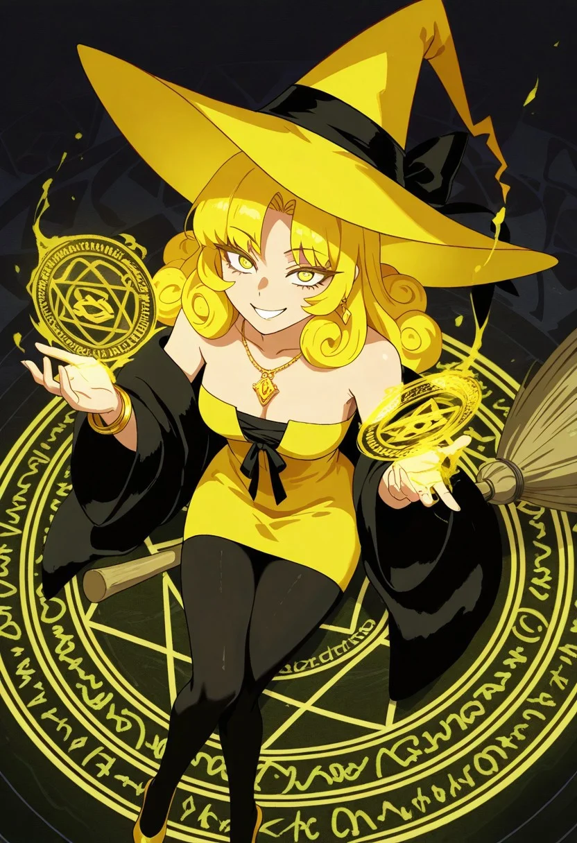 very awa, masterpiece \(quality\), year2024, year2023, West Studio, (vibrant colors), (high contrast:1.3), masterworks, best quality, amazing quality, very aesthetic, absurdres, (detailed eyes:1.5), expressive face, anime studio, anime art, (good hands:1.3), (better hands:1.3), (perfect hands:1.3), (dutch angles), from above view, ((looking towards viewers)), overview, BYQJ, long eyelashes, expressive eyes, perfect eyes, no outline, haiz_ai, no lineart, taro, tarot, ((the chariot)), ((vii)), colorful, full color:1.3,
solo, female, (mature), yellow eyes, yellow hair, long hair, curly hair, side bangs hair, small-medium breasts, grin smile,
yellow witch hat with black ribbon, yellow minidress, bare shoulders, strapless, gold earrings, gold necklace, gold bracelets, black fur coat, pantyhose, yellow heels,
(conjuring yellow magic on her hand:1.5), (broom ridding pose:1.5), (side saddle pose:1.3), (sitting on the flyingbroom:1.5), (flying:1.3), (floating:1.3), mid air:1.3, (yellow magic circles forming around her:1.5), (intricate details and patterns on the magic circle:1.5)
abstract background, magical theme, magical background,