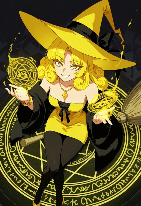 very awa, masterpiece \(quality\), year2024, year2023, West Studio, (vibrant colors), (high contrast:1.3), masterworks, best quality, amazing quality, very aesthetic, absurdres, (detailed eyes:1.5), expressive face, anime studio, anime art, (good hands:1.3), (better hands:1.3), (perfect hands:1.3), (dutch angles), from above view, ((looking towards viewers)), overview, BYQJ, long eyelashes, expressive eyes, perfect eyes, no outline, haiz_ai, no lineart, taro, tarot, ((the chariot)), ((vii)), colorful, full color:1.3,
solo, female, (mature), yellow eyes, yellow hair, long hair, curly hair, side bangs hair, small-medium breasts, grin smile,
yellow witch hat with black ribbon, yellow minidress, bare shoulders, strapless, gold earrings, gold necklace, gold bracelets, black fur coat, pantyhose, yellow heels,
(conjuring yellow magic on her hand:1.5), (broom ridding pose:1.5), (side saddle pose:1.3), (sitting on the flyingbroom:1.5), (flying:1.3), (floating:1.3), mid air:1.3, (yellow magic circles forming around her:1.5), (intricate details and patterns on the magic circle:1.5)
abstract background, magical theme, magical background,