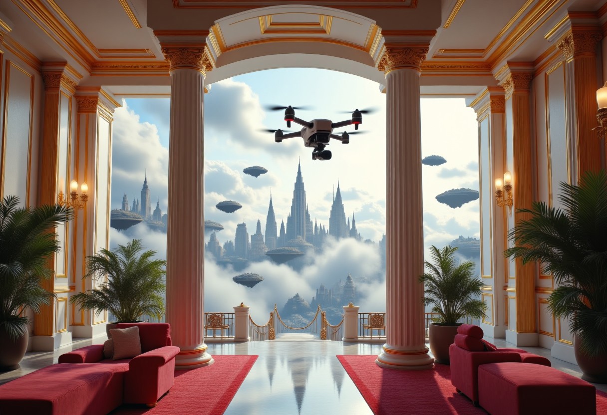the most realistic, photorealistic photo ever taken [Fast FPV drone flythrough inside a luxurious mansion leading to a majestical city in the clouds, a GIRL FANTASY dream world with tall and modern skyscrapers, BRIGHT COLORS, floating islands in the sky, shifting landscapes, and ethereal creatures, Captured with a Hasselblad X2D 100C and an 80mm f/1.9 lens, hyper-realistic textures, elegant shadows, incredible realism, creamy bokeh, ultra-detailed textures, perfect lighting], aidmamj6.1, aidmaimageupgrader