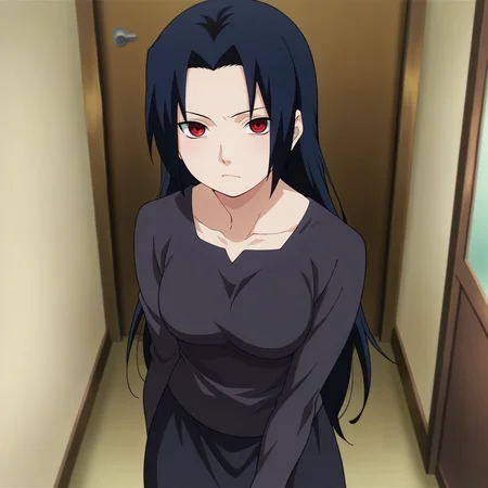 looking at viewer, standing, solo,
,<lora:uchiha_mikoto_IL v1.1:0.9> umikoto, parted bangs, bangs, long hair, black hair, medium breasts,
sharingan, red eyes,
shirt, skirt, black shirt, black skirt, long sleeves, long skirt,
anime screencap, masterpiece, best quality