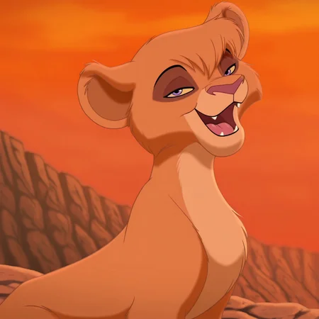 8k, uncensored, masterpiece, best quality, highly detailed, realistic, 1girl, solo, VitaniTLK, furry, feral, feline, lioness, brown hair, short hair, yellow sclera, purple eyes, black pupils, dark-pink nose, brown body, brown fur, tan body, tan fur, two tone body, two tone fur,  (looking at viewer, sitting, sunset, orange sky, cliff, gravel, detailed background, side view, upper body, narrowed eyes, open mouth, fangs, tongue, smile