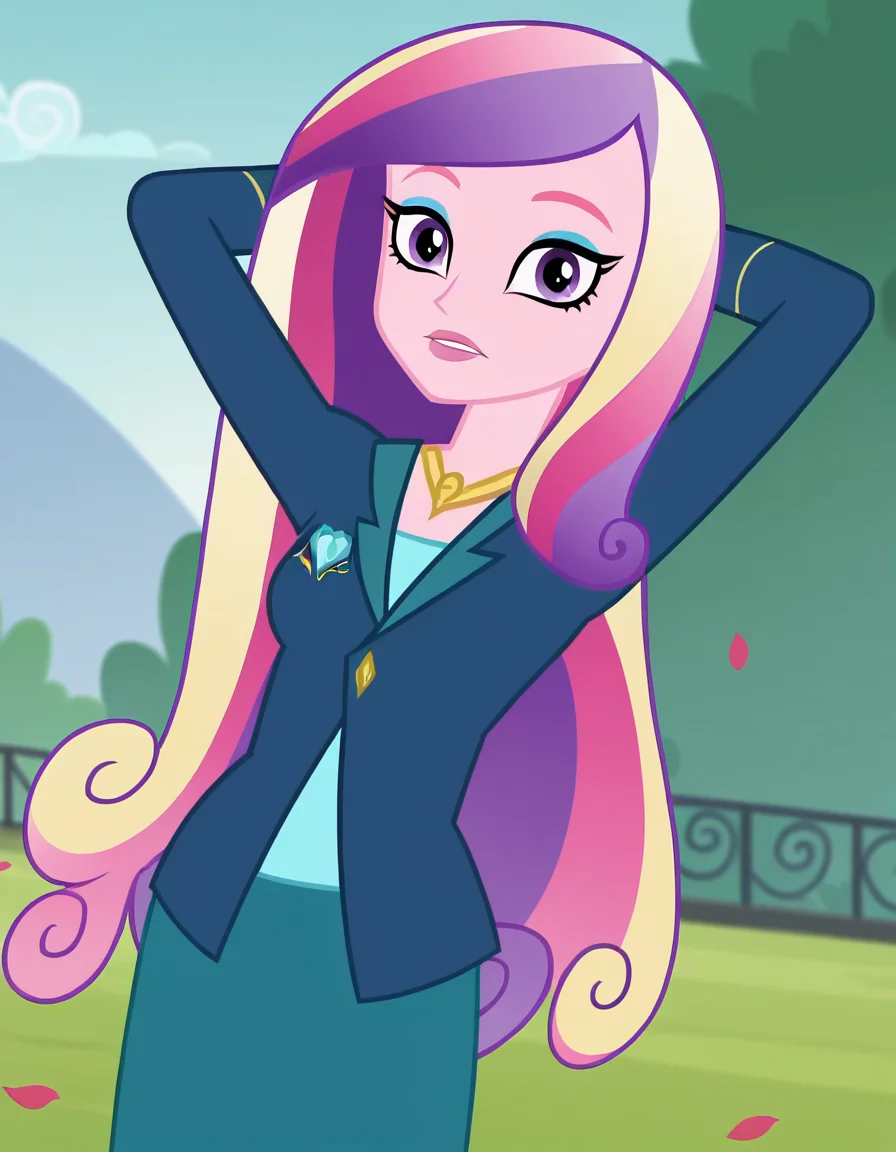 score_9, score_8_up, score_7_up, source_anime, <lora:dean-cadance-movie-ponyxl-lora-nochekaiser:1>, cadance, long hair, very long hair, purple eyes, pink hair, purple hair, multicolored hair, two-tone hair, eyelashes, makeup, eyeshadow, skirt, formal, suit,, flower field, colorful, petals, scent, bloom, , hands behind head,, looking at viewer, solo,, dutch angle, cowboy shot