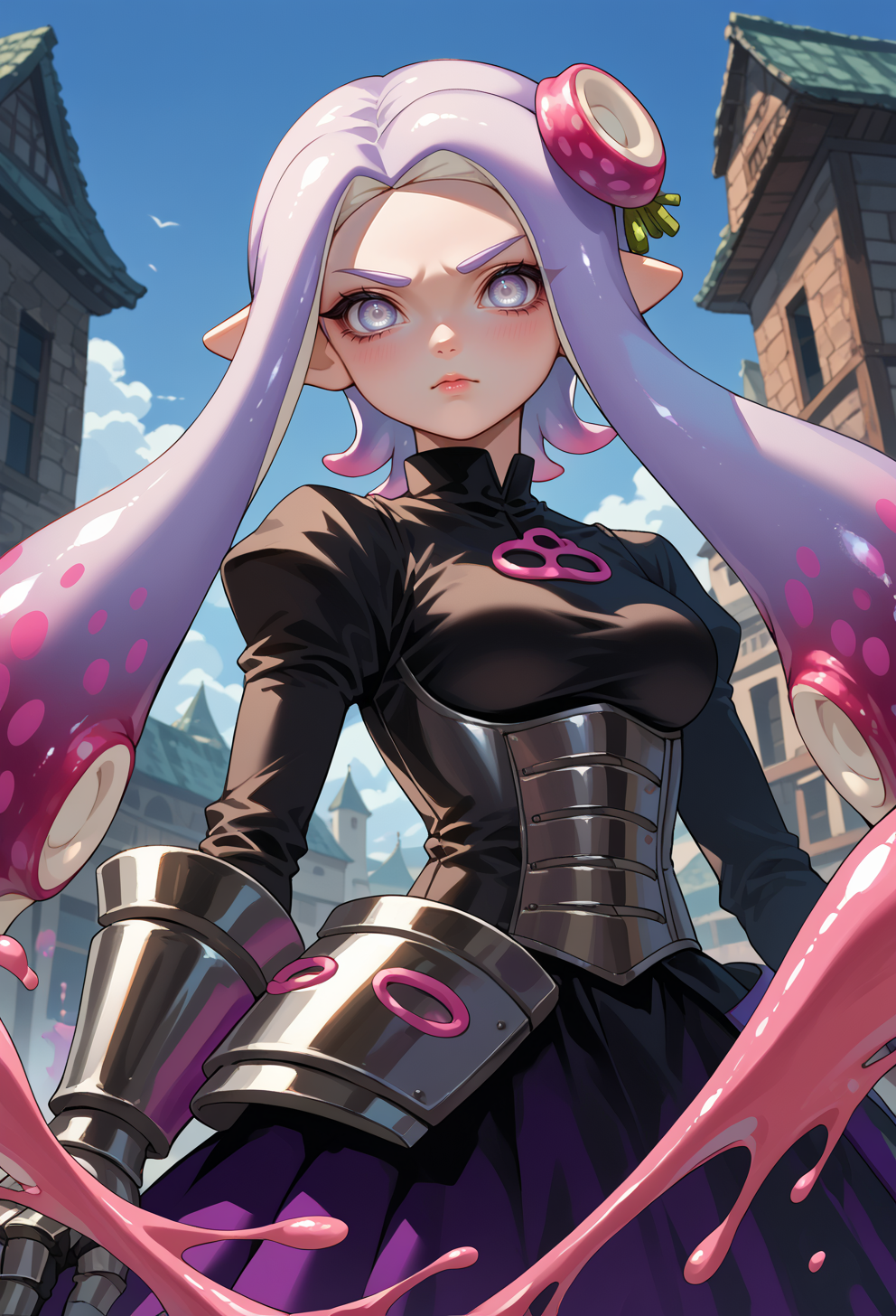 score_9, score_7_up, source_anime, BREAK <lora:SplatoonInkling_PD_v030:1> splatoon inkling, tentacle hair, mask,, serious, 1girl, white eyes, white hair, very long hair, parted hair, parted bangs, gradient hair, lilac hair, medium breasts, wing hair ornament, valkyrie, black bodysuit, armor, gauntlets, greaves, pink breastplate, grey armored skirt, armored dress, pink hues,