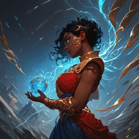ExpresHGothicNeonIncase, high quality, high resolution, highest quality, masterpiece, score_9, score_8_up, score_7_up, 1girl, solo_focus, <lora:Saheeli_Rai_MTG_-_PONYXL:1>, dark skin, black hair, brown eyes, blue dress, red dress, jewelry, gold bracers, Blue eyes, glowing eyes, (cowboy shot: 1.2), (side view: 1.2), future cityscape background, facing left, looking into the distance, body turning, arms extended, swirling wind, swirling metal, swirling lightning