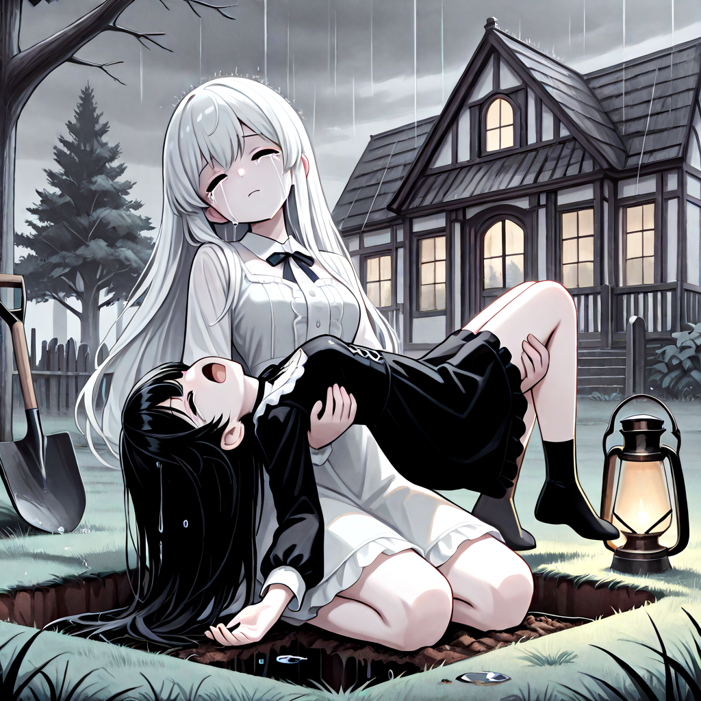 absurdres, explicit, grave digging, hand on ground, princess carry, 2girls, sleeping, carrying, crying, tears, sad, breasts, closed eyes, closed mouth, pale skin, long hair, black hair, white hair, gothic dress, bangs, tree, grass, death, corpse, victorian, house, building, oil lamp, lantern, shovel, fog, smog, grey sky, seiza, head tilt, rain, water drop, shouting, from below, low angle, ((leaning back)), <lora:girlhategravedigging_ilxl:0.8>