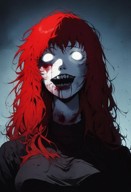 <lora:Kenva:1.0> score_9, knva, halftone effect, 1girl, solo, ghost, ghoul, white eyes, bloody, large breasts, horror, red hair,