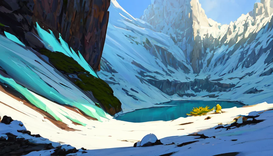 Conceptart,Concept Art,SamWho,mksks style, green moss, species, overlooking chasm, Mountains, Ice