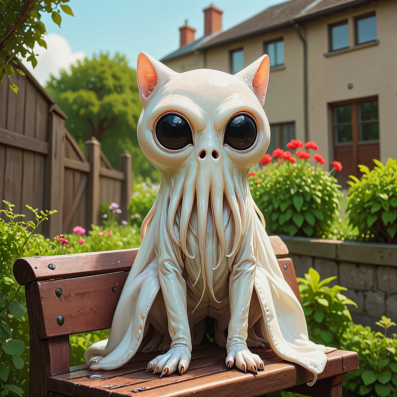 Cute. Squid face. A cat perched on a bench in the garden.

<lora:SquidFace01_CE_XL_300-OT:0.6> sqdfceCE_style
