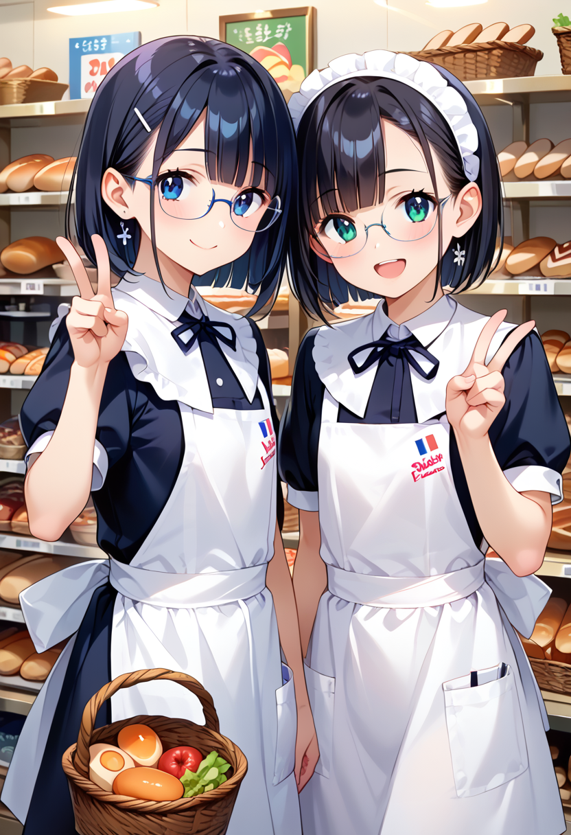 score_9, score_8_up, score_7_up, rating_safe, masterpiece, best quality, absurdres, unity 8k wallpaper, official art, official style, source_anime, uncensored, game cg, megami magazine,
2girls, glasses, vfu, employee uniform, black hair, black dress,  short sleeves, collared dress, white apron, upper body, blue triangular bandage, hand up, v, double v, happy, smile, looking at viewer, shelf, food, bread, basket, shop, indoors,
<lora:VFU_PONY_V1:1>
