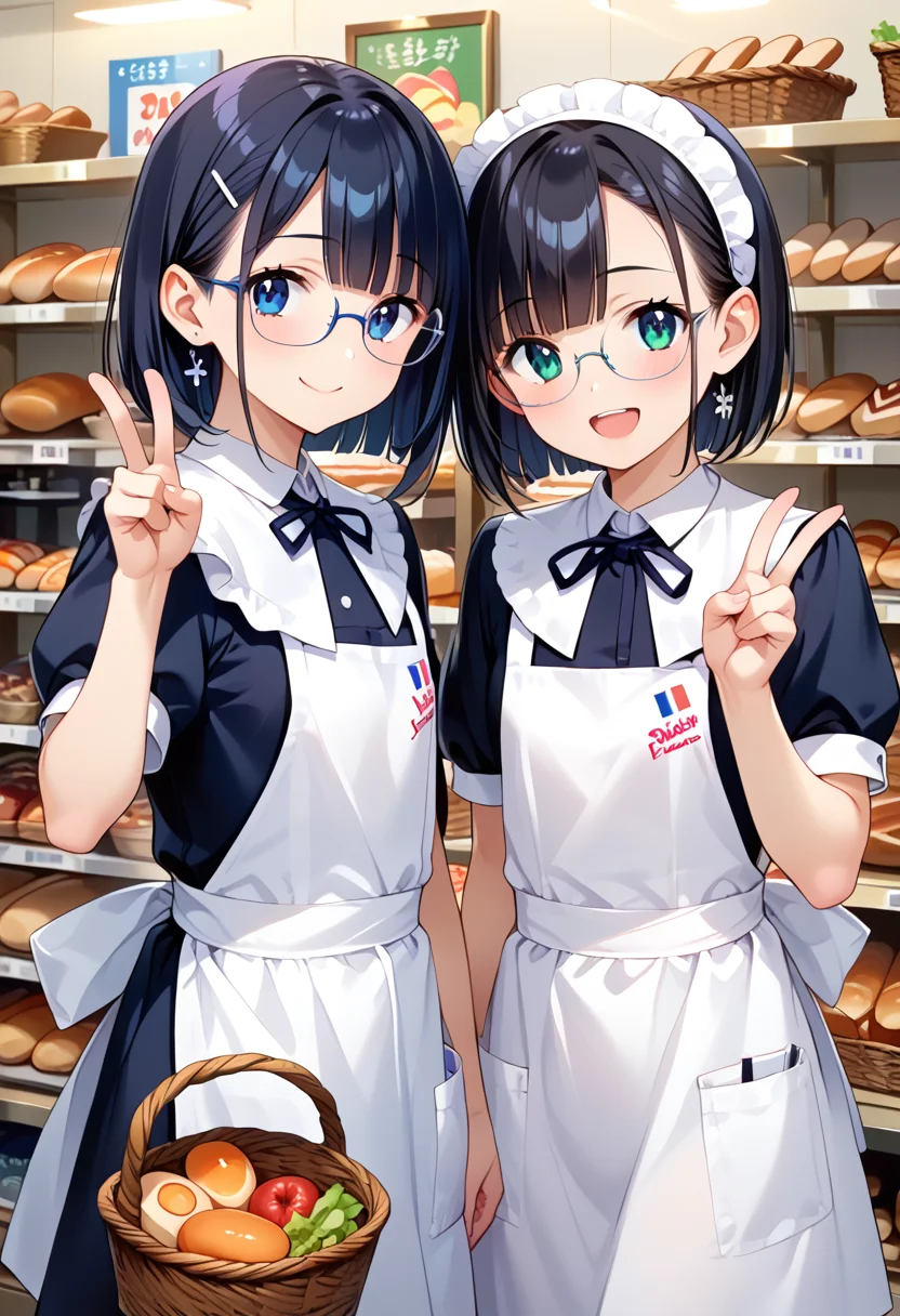 score_9, score_8_up, score_7_up, rating_safe, masterpiece, best quality, absurdres, unity 8k wallpaper, official art, official style, source_anime, uncensored, game cg, megami magazine,
2girls, glasses, vfu, employee uniform, black hair, black dress, short sleeves, collared dress, white apron, upper body, blue triangular bandage, hand up, v, double v, happy, smile, looking at viewer, shelf, food, bread, basket, shop, indoors,
<lora:VFU_PONY_V1:1>