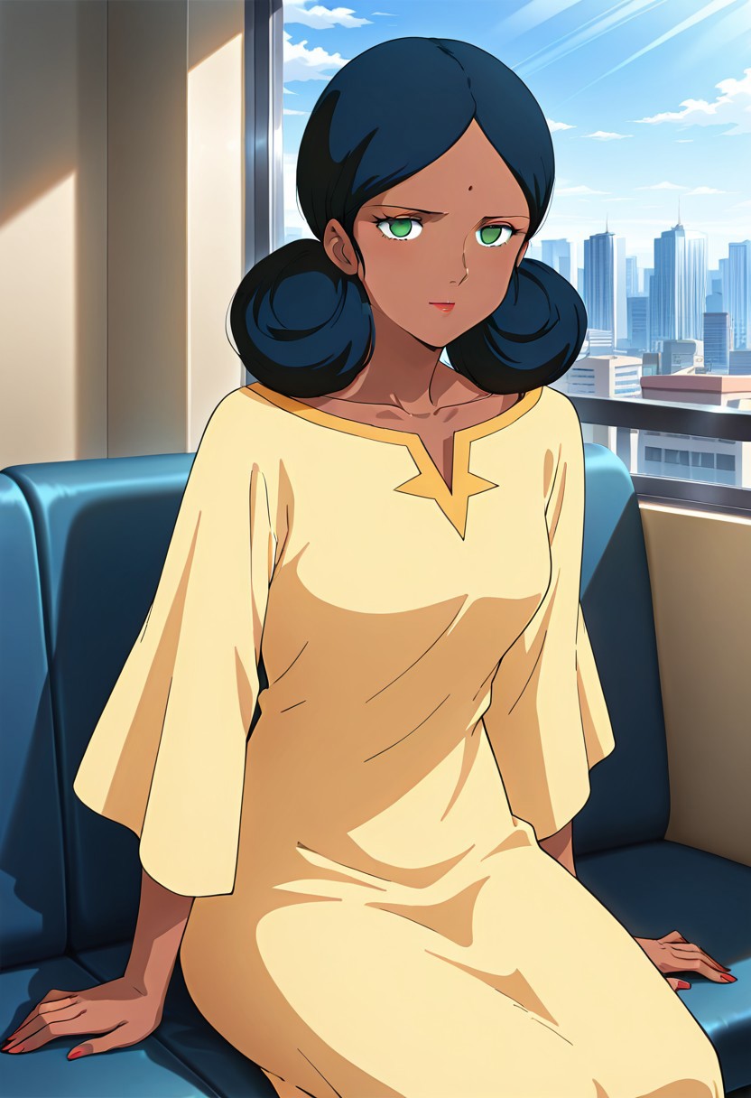 ((masterpiece, absurdres)), best quality, amazing quality, newest, 4k, anime coloring, very aesthetic, ray tracing, Smooth Quality, CG, source_anime,
city view,lalah, 1 female, dark skin, double bun hairstyle, blue hair, green eyes, red lips, forehead mark, yellow long dress,sitting