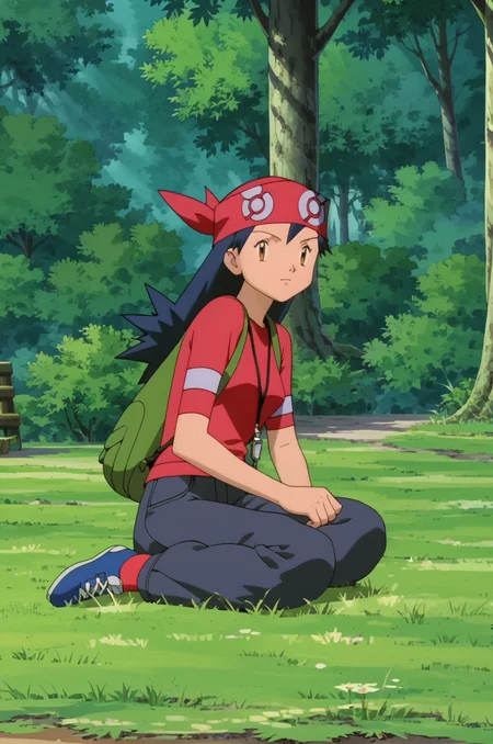 score_9, score_8_up, score_7_up, 1girl, solo, source_anime, anime_screencap, pkmLisa, red bandana, brown eyes, red shirt, <lora:pkmLisa:1> sitting, in a forest, grassy ground,