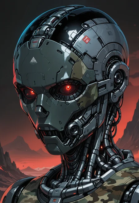masterpiece, best quality, good quality, very aesthetic, absurdres, newest, 8K, depth of field, focused subject, 
in the style of ckgr,
close up, concept art, man is an android, the humanoid robots plastic camouflage cyborg mask is open, the mechanical parts of the robot are visible inside, background is a vast battlefield with mountains in background, anime, manga, dark atmosphere, glow,