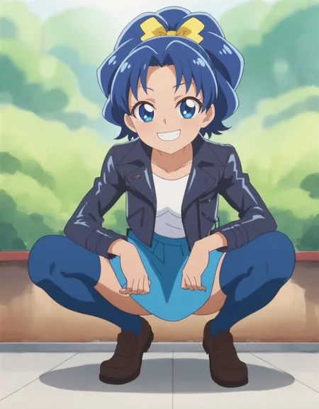 score_9, score_8_up, score_7_up, anime screencap, solo,1girl, tategamiaoi,blue thighhighs, skirt,smile,leather jacket, zettai ryouiki, blue skirt, looking at viewer, shirt, ribbon, happy, bow,cowboy shot,small breasts,squatting,<lora:tategamiaoi:0.8>