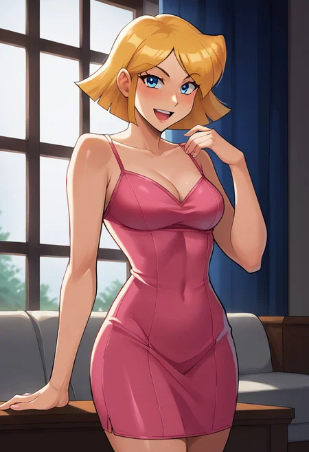 score_9, score_8_up, score_7_up, BREAK source_anime,1girl, clover \(totally spies\), blonde hair, short hair, blue eyes, looking at viewer, bare shoulders, medium breast, open mouth,<lora:brj-clover-ponyXL-v0.6:1>, a short pink bodycon dress, a pink spaghetti strap dress, sexy pose, smile, flirting, indoors, standing up, living room, night, window lighting, high res image, masterpiece, window lighting, 43stl1ght1ng, low light, dramatic lighting, cowboy shot,