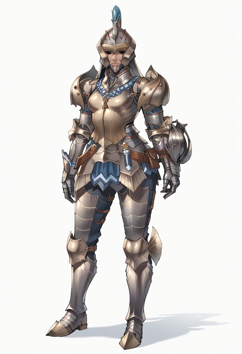 (score_9:0.9),score_8_up,score_7_up,rating_safe,anime style,(zPDXL),(zPDXL3),<lora:Kushala Armor ponyXL v1:0.7>, kushala armor, full armor, solo, full body, 1girl, standing, white background, simple background, silver armored boots, silver armored gauntlets, silver breastplate, silver helmet, silver shoulder armor