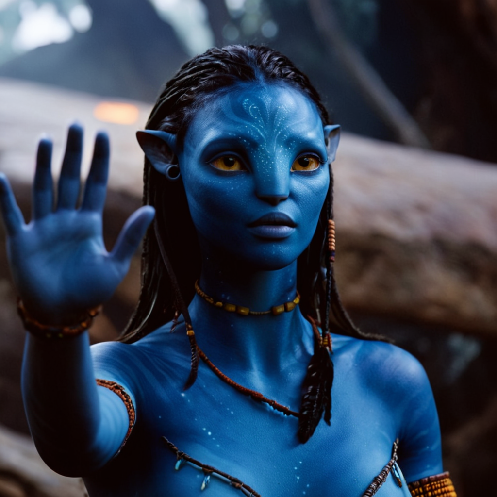 cinematic film still of <lora:add-detail-xl:0.1>1
<lora:detailed:0.2>
<lora:perfection style:0.2>
<lora:eyetune:0.5>
<lora:xl_more_art-full_v1:0.3>
<lora:Ron Fricke style:0.3>
<lora:Unreal Engine style:0.2>
<lora:TeethXL:1>
<lora:Chiaroscuro Lighting Style:0.3>
 <lora:avatar style:0.9>
POV point of view In 2154 on planet Pandora Navi blue skin indigenous species a person with blue paint on their hands,na'vi,indoors,television,monitor,screen , action, sci-fi, science fiction,  movie themed, sharp, detailed, epic cinematic photography, artistic, creative, dramatic light, cinematic color style, Kodak film style, 8k resolution, avatar style, shallow depth of field, vignette, highly detailed, high budget, bokeh, cinemascope, moody, epic, gorgeous, film grain, grainy