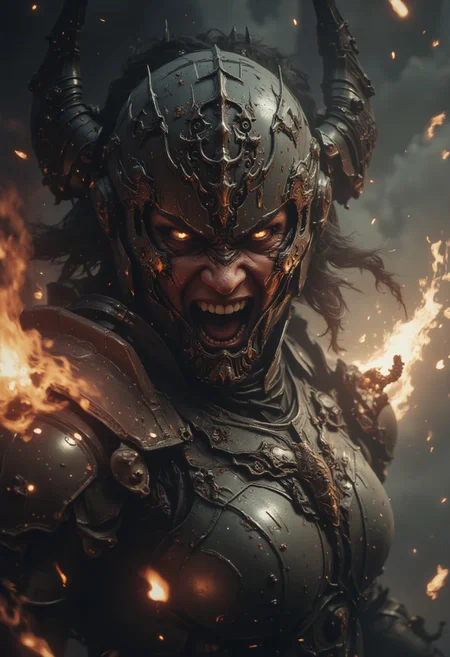 The image is a highly detailed, CGI-rendered digital artwork capturing an extreme close-up of a fierce warrior woman on the brink of attack. Her face is twisted into an arrogant, laughing sneer that exudes both disdain and confidence, every subtle expression rendered with meticulous precision. Her eyes gleam with a daring challenge, as if daring any adversary to step forward. Clad in battle-worn armor that hints at countless conflicts, her presence is both formidable and magnetic.The atmosphere surrounding her is thick and charged, imbued with a palpable tension that almost seems to distort the air. Dramatic shafts of light cut through swirling mists and heavy shadows, casting an eerie, high-contrast glow on her determined features. This interplay of light and dark not only accentuates every detail of her expression and the ornate textures of her armor but also reveals a visible, almost tangible aura—a forceful energy radiating from her that underscores her readiness to strike.
