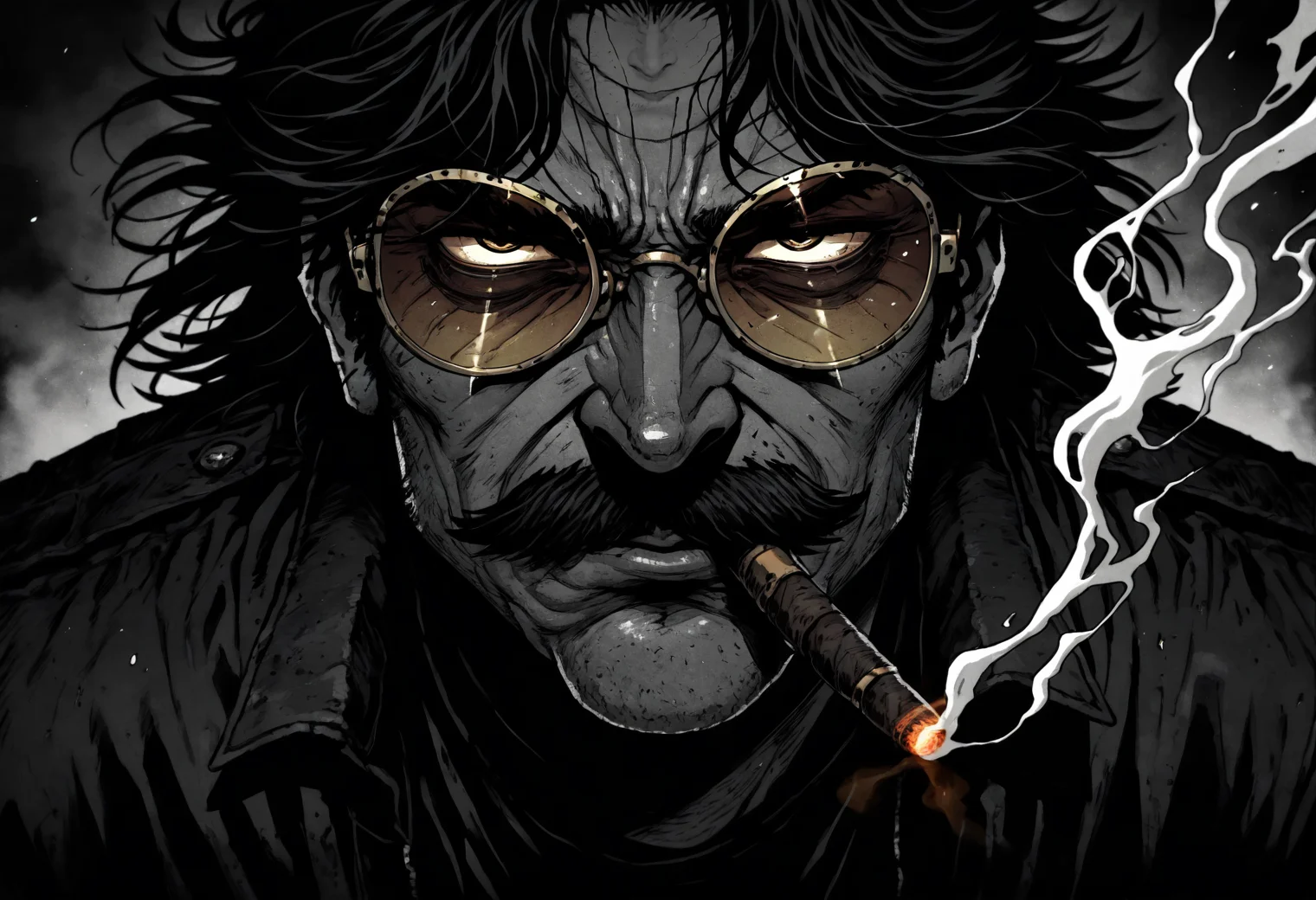 1male, masculin, mature ,mustache, dark hair, italian, smoking cigar, gold-trimmed shades, boxercut, face focus, close up, half of face visible, glimming cigar
angry, serious, shadow over eyes, enraged, hatred, confident,
GOTAV1.0, <lora:Gothic-Anime-V1.0_IL:1>,, masterpiece, best_quality, amazing_quality, very_aesthetic, 8k, high_quality, highres, absurdres, subject_focus,, detailed eyes, perfect eyes, realistic eyes,, greyscale, dark theme, eerie atmosphere, spot color, monochrome,