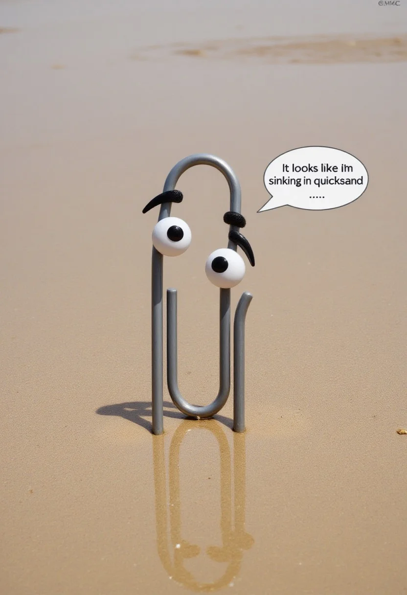 clippy partially submerged in hud_quiks4nd, quicksand, mud. speech bubble: "it looks like I'm sinking in quicksand...!"